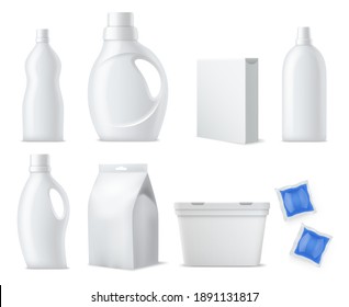 Laundry products mockup. Realistic clean white plastic bottles, containers and packs, washing powders, capsules packaging and gels. Household cleaning products branding template vector 3d isolated set