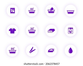 laundry purple color vector icons on light round buttons with purple shadow. laundry icon set for web, mobile apps, ui design and print