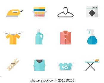 Laundry related icons in flat color style