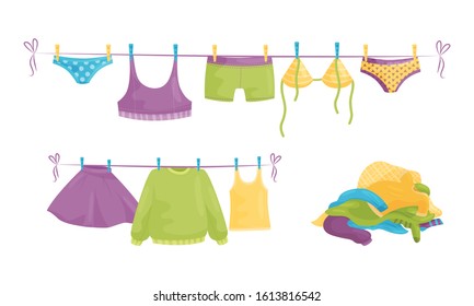 Laundry Resting in Basin and Clothing Items on Hanging Rope Vector Illustration