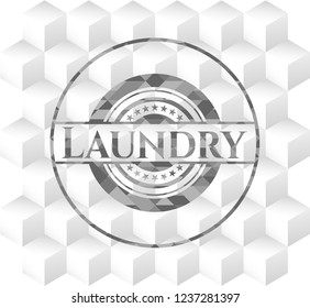 Laundry retro style grey emblem with geometric cube white background