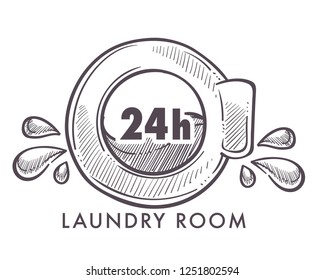 Laundry room 24 hours every day and night logotype isolated icon vector monochrome sketch outline of clothing cleaning service washing machine sign with water splashes colorless symbol clean.