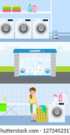 Laundry room banner set. Flat illustration of laundry room vector banner set for web design