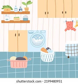 Laundry room with basket full of clothes, shelves with detergents and flowers, wet clothes dry on a rope in cartoon flat style. Vector illustration of bathroom interior