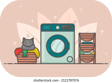 Waschküche, Bad mit Waschmaschine, Korb für schmutzige Wäscherei, Regal für Accessoires, graue Purring Katze. Hintergrund mit Blättern. Reinheitsgefühl, Eile. Startseite eingerichtet. 