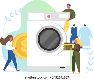 Laundry room with big washing machine and tiny characters, vector flat style design illustration. Coin laundry service concept for web banner, website page etc.