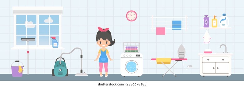 Laundry room with chibi girl and appliances and cleaning tools for home. Doll house interior concept. Cartoon flat style. Vector illustration