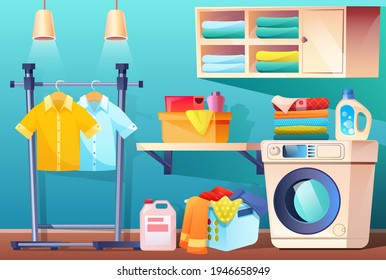 Laundry room with clean or dirty clothes and equipment and furniture. Bathroom with stuff washing machine, basket with dirty stained linen, shelf for towels and detergents, Cartoon vector illustration