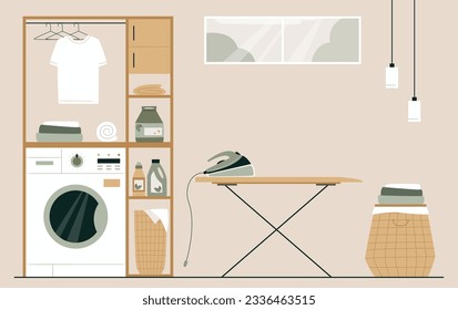 Laundry room with clean or dirty clothes and equipment and furniture. Washing machine, hanger ironing board, basket with dirty stained linen, accessories and plants. Japandi or Scandinavian interior