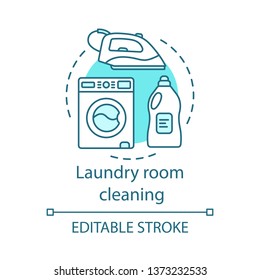 Laundry room cleaning concept icon. Home cleanup idea thin line illustration. Clutter cleaning. Clearing tops of washer and dryer. Organize items. Vector isolated outline drawing. Editable stroke