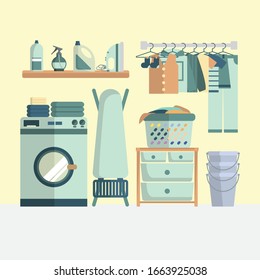 laundry room clipart flat image sticker icon. with washing machine, hanging clothes, and alot