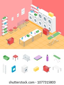 Laundry Room Concept Interior and Elements Part Isometric View Housework Service Washing Room Design. Vector illustration of Housekeeping Element