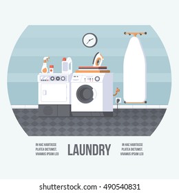 Laundry Room Cover with Washing Machine, Iron Board and Dryer. Vintage Retro Style with Flat Elements. Modern Trendy Design. Vector Illustration.