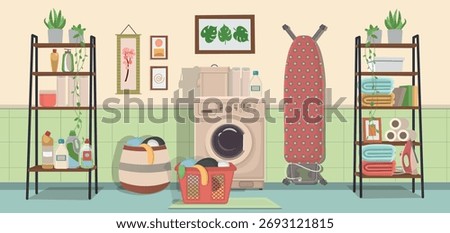 Laundry room with dirty clothes, washing machine, and shelves with powder and cleaning products. Vector illustration
