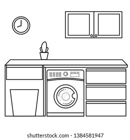 Laundry Room Drawings Black Line With Washing Machine, Basket, Cabinet, And Counter On White Background In Front View.Flat Style. Vector Illustration.
