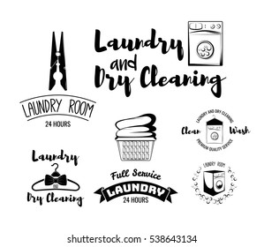 Laundry room and dry cleaning service, ironing service set of vector black emblems, labels, badges and design elements isolated on white background. Logos templates with washing machine