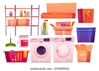 Laundry room equipment for wash and dry clothes. Vector cartoon set of washing and dryer machine, basket and detergents. Storage room with laundry, boxes, shelves, wooden boards and crate