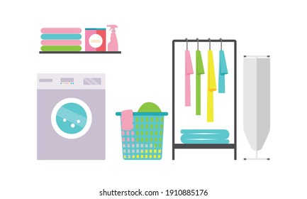 Laundry room equipment. Laundry room, washing machine, basket, iron, ironing board, drying clothes, cleaning supplies vector illustration