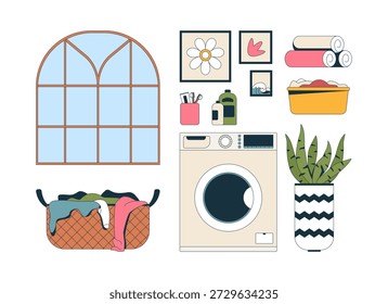 Laundry room essentials 2D cartoon objects set. Washing machine, window, detergent, hamper, basin, wall art, towels isolated elements flat vector clip arts on white. Spot illustrations collection