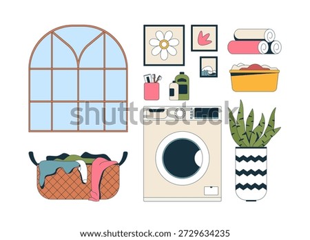 Laundry room essentials 2D cartoon objects set. Washing machine, window, detergent, hamper, basin, wall art, towels isolated elements flat vector clip arts on white. Spot illustrations collection