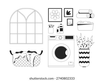 Laundry room essentials 2D line objects set. Washing machine, window, detergent, hamper, basin, wall art, towels isolated cliparts vector ink outline items. Monochrome spot illustrations collection