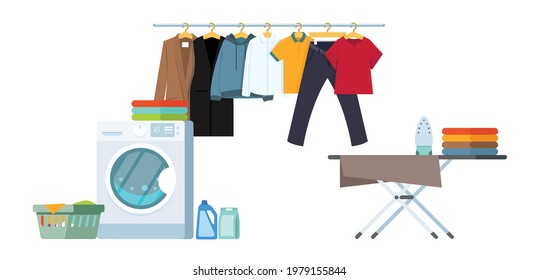 Laundry room with facilities for washing. Flat style vector illustration.