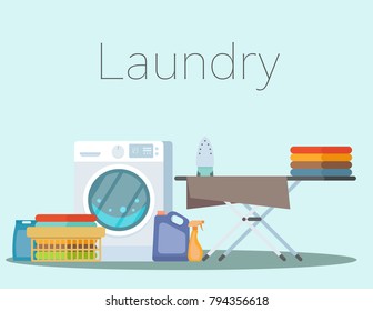 Laundry room with facilities for washing. Flat style vector illustration.