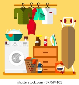 Laundry room in flat style. Wash machine, flasket, ironing board, iron, washing powder, clothes - vector illustration. Laundry clean objects. Cleaning service. Clean laundry vector illustration.