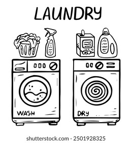 Laundry room hand drawn doodle. Washing and drying machine. Basket of dirty laundry. Clothes cleaning products. Vector outline line art illustration.