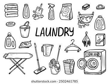 Laundry room hand drawn doodle. House cleaning. Washing clothes. Mop, bucket, iron, soap, dirty laundry, dustpan. Vector outline line art illustration.