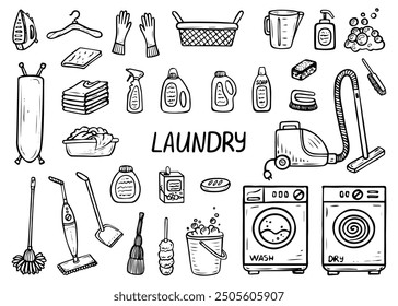 Laundry room hand drawn doodle. House cleaning. Washing and drying clothes. Vacuum cleaner, broom, gloves, soap, basket, sponge. Vector outline line art illustration.