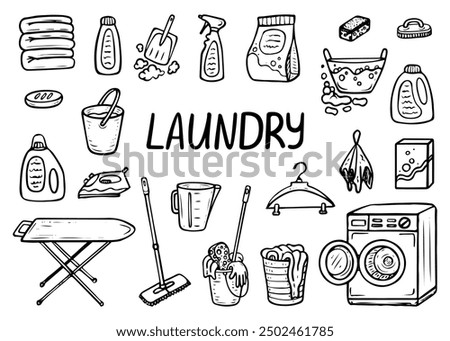 Laundry room hand drawn doodle. House cleaning. Washing clothes. Mop, bucket, iron, soap, dirty laundry, dustpan. Vector outline line art illustration.