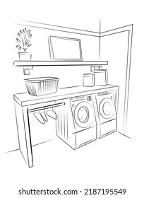 Laundry room home interior graphic black white sketch illustration vector