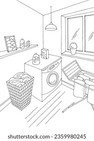 Laundry room home interior graphic black white vertical sketch illustration vector 