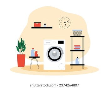 Laundry room at home, single tub washing machine, powder and liquid detergent, clothes and freshener basket, interior and furniture vector illustration.