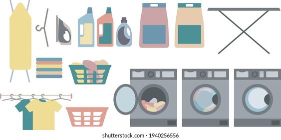 Laundry room housekeeping elements. Contemporary household laundry with detergent, powder, washing machine and basket