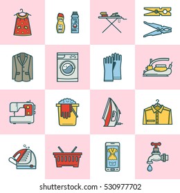 Laundry room icon set in linear style. Washing machine, laundry basket, iron. Cleaning concept, dry cleaning.