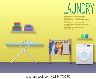 Laundry room illustration with washing machine, ironing board, clothes rack