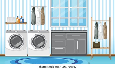 Laundry room interior design with furnitures and decorations illustration