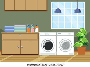 Laundry room interior design with furnitures illustration