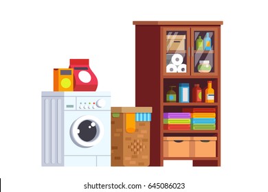 Laundry room interior design with washing machine, basket, soap powder and cupboard full of boxes, clothes and household objects. Home decoration and furniture. Flat style vector isolated illustration