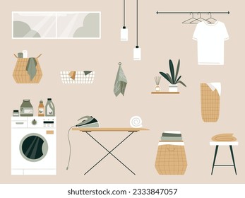 Laundry room interior elements. Vector illustration. Washing machine, ironing board, basket with dirty stained linen, equipment, accessories and plants. Japandi or Scandinavian interior.