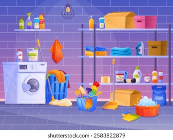 Laundry room interior. House basement with washing dryer machine, full basket dirty clothes or on racks, detergent box staircase in home cellar for wash, tidy vector illustration original artwork