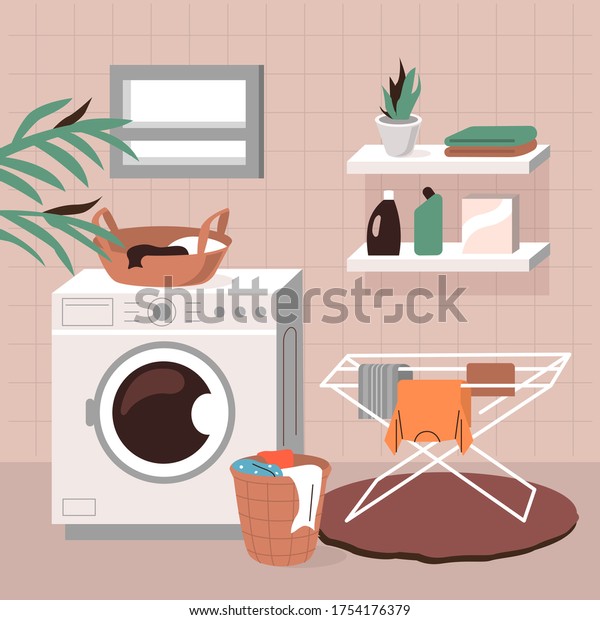 Laundry Room Interior. Household scene with\
Washing Machine and other Laundry Stuff. Dirty Cloth Lying in\
Basket. Wet Clothes Hanging and Drying on Drying Rack. Flat Cartoon\
Vector  Illustration.