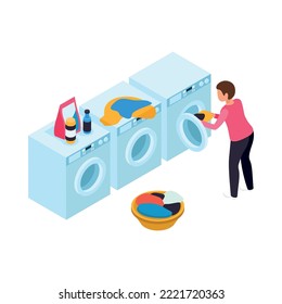 Laundry room interior with human character putting clothes into washing machine 3d isometric vector illustration