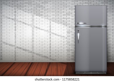 Laundry room interior with Modern Fridge Freezer on brick wall background with sun light. The concept of modern equipment for home laundry and household appliances. Vector Illustration