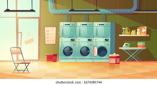 Laundry Room Interior With Row Of Washer And Dryer, Iron, Ironing Board And Basket With Clothes. Vector Cartoon Illustration Of Dry Cleaning Service With Washing Machines And Detergents On Shelves