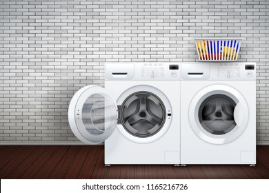 Interior de lavadero con dos lavadoras sobre fondo de pared de ladrillo. El concepto de equipamiento moderno para lavandería y electrodomésticos. Ilustración vectorial