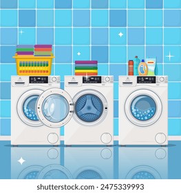 Laundry room interior vector background with iron, and washer machine, powder and clothes set. Vector illustration in flat style