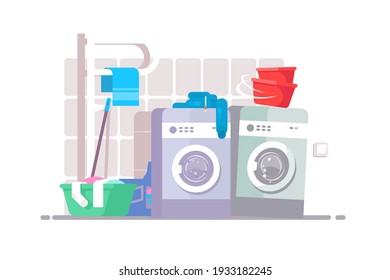 Laundry room interior vector illustration. Washhouse with washing machines, dirty clothes, bowls and towel dryer flat style design. Indoor part of washing house